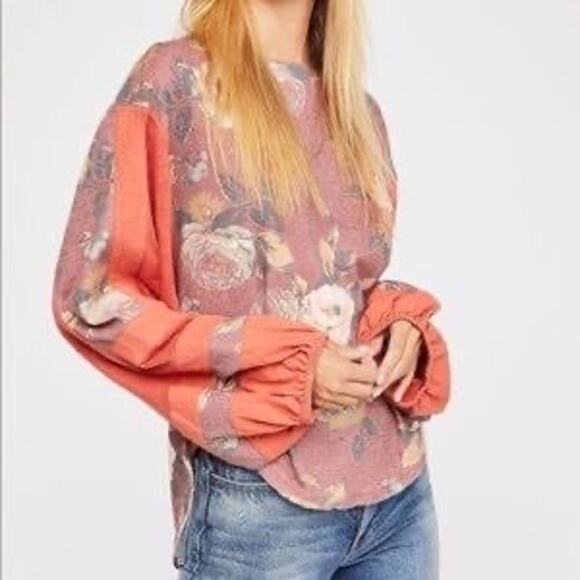 FREE PEOPLE Flower Patch Waffle Long Sleeve Burgundy Small S OB877354 - Picture 1 of 8